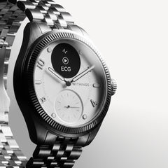 ScanWatch Nova Brilliant — Silver steel bracelet — Three-quarter view, white dial with black ECG screen, neutral background — three-quarter, steel, dial detail