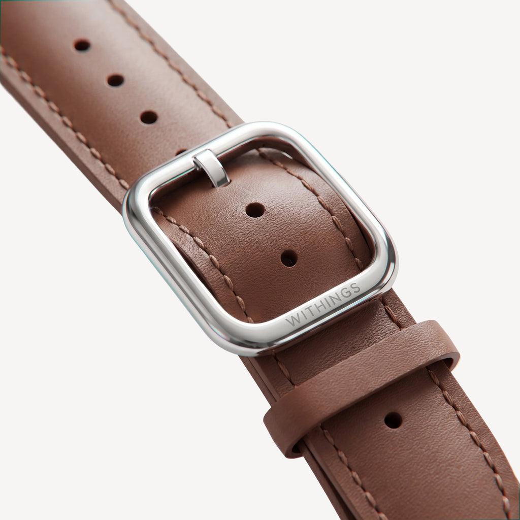 Curved Leather Wristband Dark Brown & Silver