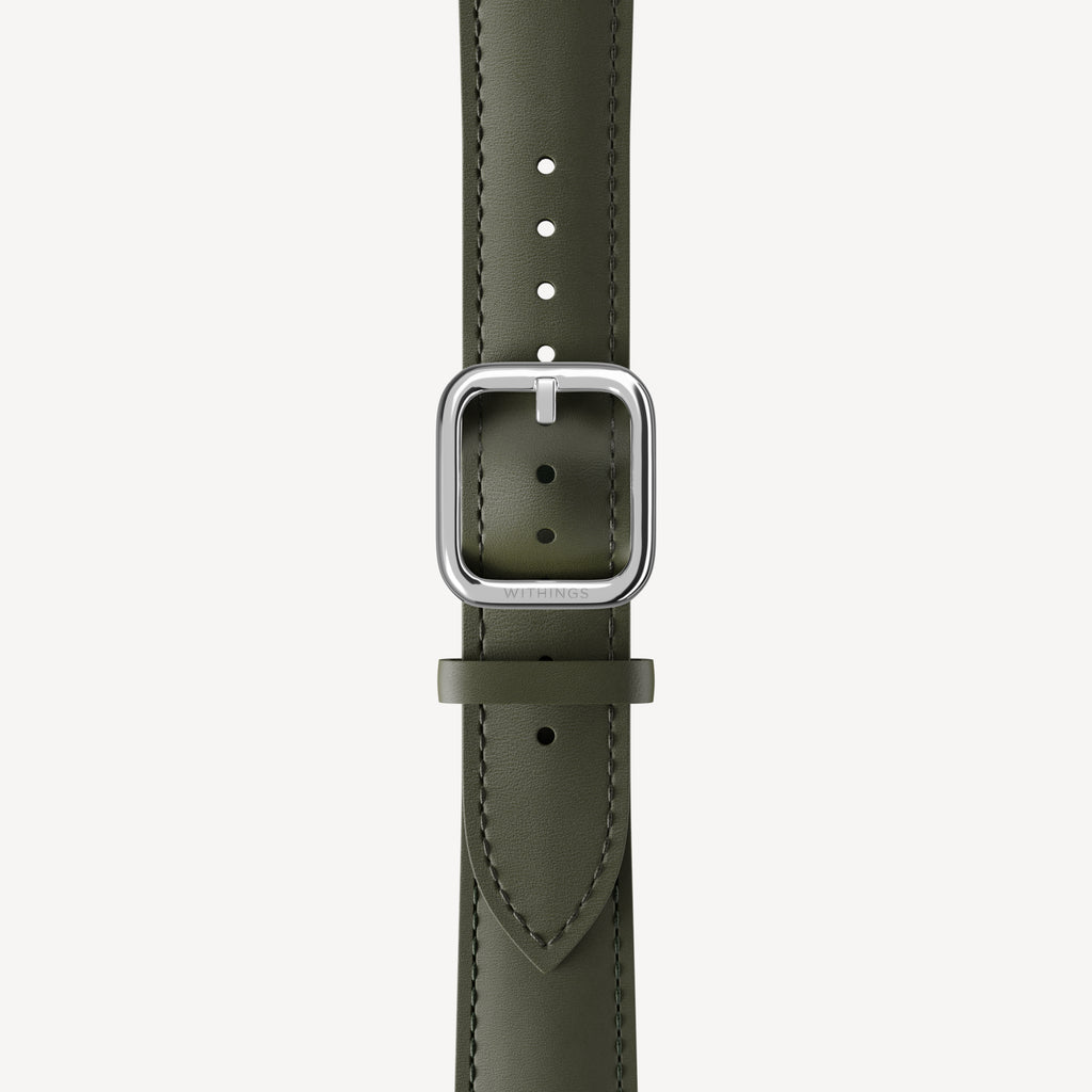 Curved Leather Wristband Kaki Green & Silver