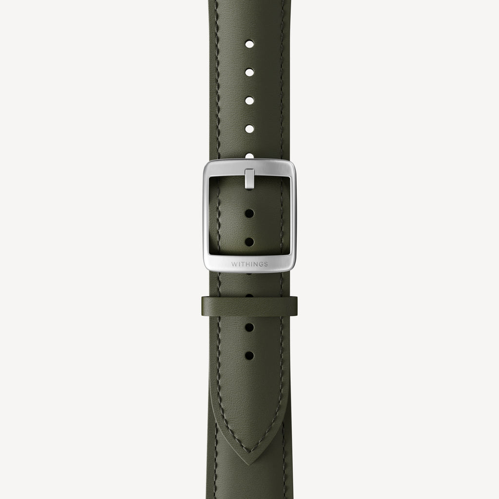 Curved Leather Wristband Kaki Green & Silver