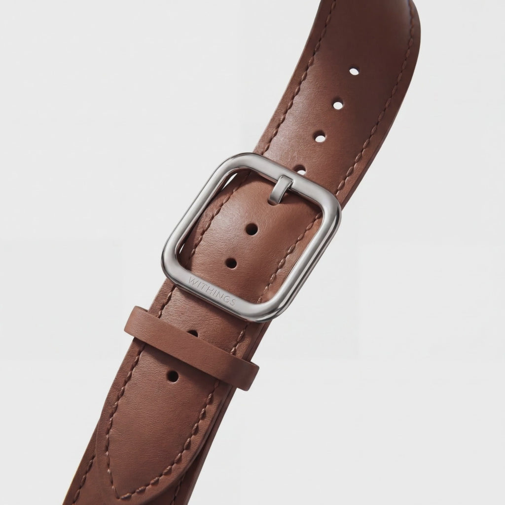 Curved Leather Wristband Dark Brown & Silver